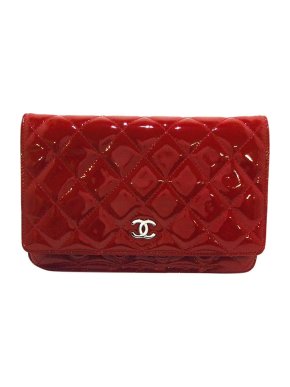 Chanel red patent leather quilted CC wallet on chain