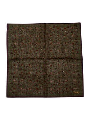 Drakes green wool & silk printed pocket square