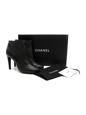Chanel Black Leather Heeled Boots with Brogue Trim