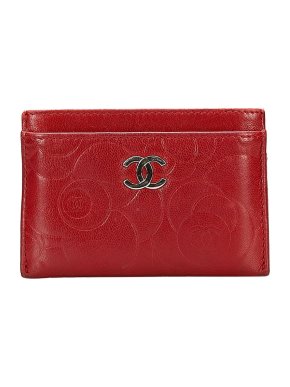 Chanel red leather Camelia embossed card holder