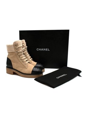 Chanel Beige Suede & Black Leather Lace-Up Boots