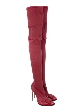 Victoria Beckham Red Leather Thigh-High Sock Boots with Bow