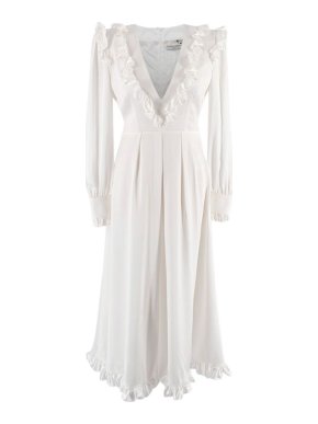 Alessandra Rich Silk Satin Frilled Ivory Midi Dress