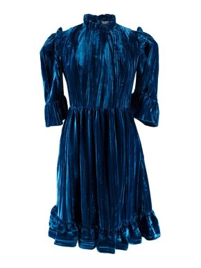 Batsheva Blue Pleated Velvet Ruffle Midi Dress