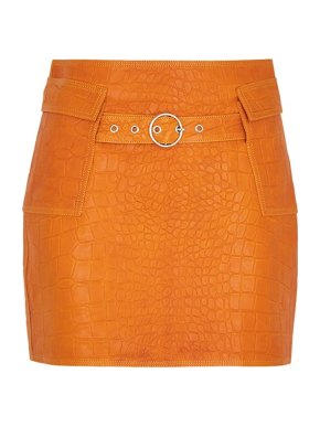 Saks Potts New York Orange Crocodile Embossed Leather Skirt