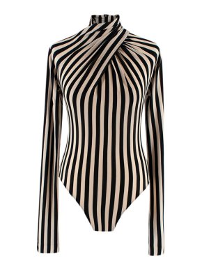 Petar Petrov Black & Cream Striped High Neck Bodysuit