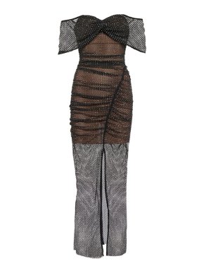 Self Portrait Black Off-Shoulder Crystal Embellished Dress