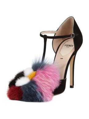 Fendi Fur Pom Pom T-Strap Pumps