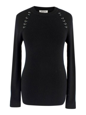 Mugler Eyelet Detail Black Ribbed Knit Top