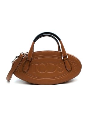 Brown oval tod's logo bag, small bag, with silver hard-ware, black handles