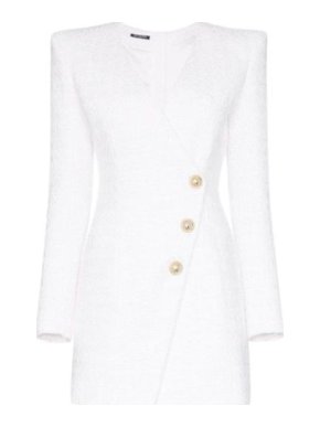 Balmain White Asymmetric Button Tweed Blazer Dress