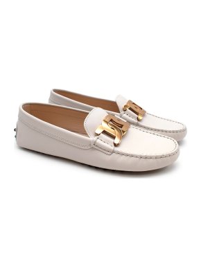 Tods white leather loafers, gold metal logo on the front