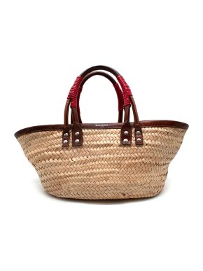 Balenciaga Red Handle Brown Leather Straw Tote
