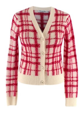 Dior Red & Cream Check Knit Wool Cardigan with Logo Buttons