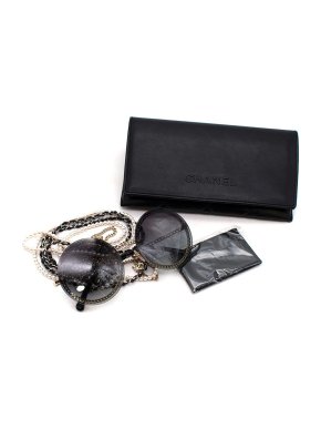 Chanel Black Round Sunglasses with Silver and Faux Pearl & Silver Chain