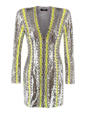 Balmain Silver & Neon Sequin Zip-Front Mini Dress