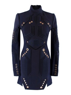 Mugler Eyelet Detail Navy High Neck Fitted Dress