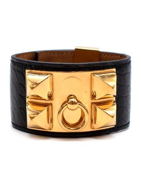 Hermes Black Lisse Alligator Collier De Chien Bracelet GHW