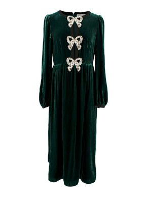 Saloni Green Velvet Midi Dress with Embellished Bows