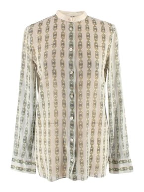 Celine Vintage Sheer Mint Green Chain Logo Print Cotton Shirt