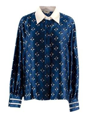 Fendi Blue & Cream Silk Patterned Collared Shirt