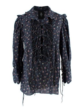 Horror Vacui Navy Floral Cotton Tie-Up Blouse with Scalloped Trims