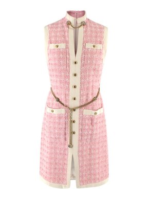 Gucci Pink Tweed Sleeveless Dress with Crystal Tiger Head Chain Belt