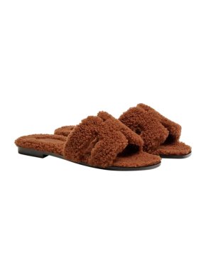 Hermes Cognac Shearling Oran Sandals