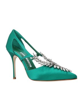 Manolo Blahnik Green Satin Crystal Lala Pumps