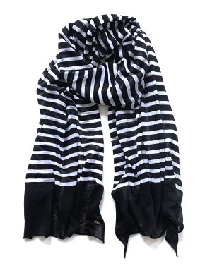 Saint Laurent Black & White Striped Linen Blend Scarf