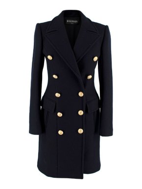 Balmain Navy Double Breasted Wool & Cashmere Coat