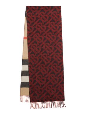 Burberry Reversible Check and Monogram Cashmere Scarf in Bright Red