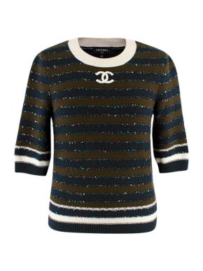 Chanel Khaki & Navy Striped Cashmere Blend Knitted Top