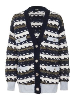 Chanel Runway Cashmere Wool Oversided Blye Cardigan wirth CC Logo Silver Buttons