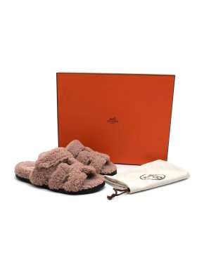 Hermes Rose Aube Chypre Shearling Sandals