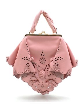 Ulyana Sergeenko Floral Embellished Laser Cut Pink Leather Top Handle Bag