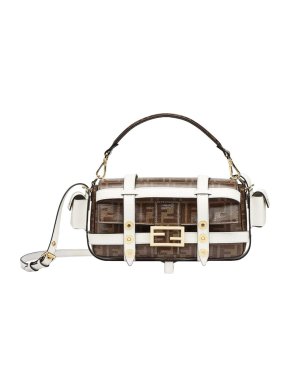 Fendi Tobacco FF Coated Canvas & White Leather Large 1974 Baguette Cage Bag