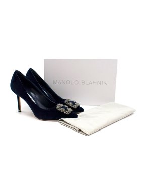 Manolo Blahnik Navy Crystall Embellished Velvet Pumps
