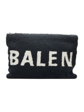 Balenciaga Black Shearling Logo Zip Clutch