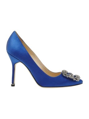 Manolo Blahnik Hangisi Blue Satin Embellished Pumps