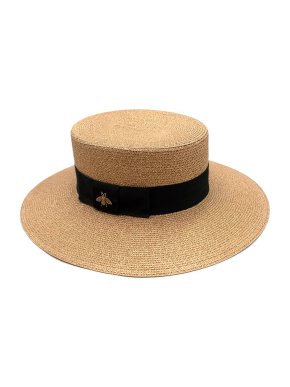 Gucci Gold Lame Papier Boater with Bee Embellished Grosgrain Ribbon