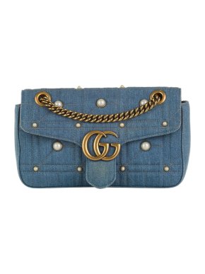 Gucci Denim Matelasse Pearl Studded Small GG Marmont Shoulder Bag