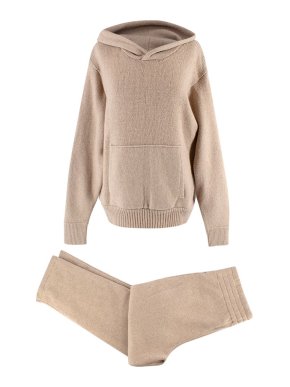 Les Tien Beige Cashmere Knit Hoodie and Joggers Set