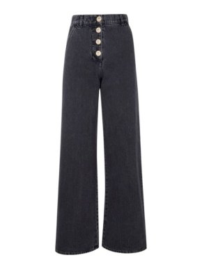 Chanel High Waisted Black Wide Leg Jeans with Iconinc CC and Lion Logo Buttons