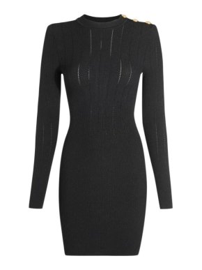 Balmain Black Ribbed Dress with Gold Iconic Buttons and Gold Exposed Zip at the back