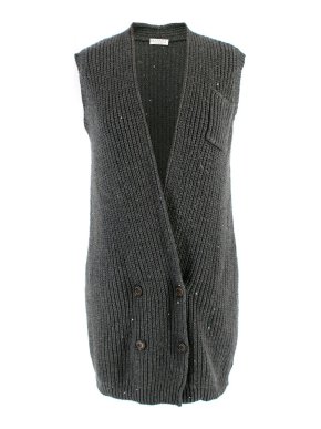 Brunello Cucinelli Grey Olive Sequinned Detail Cashmere Blend Cardigan