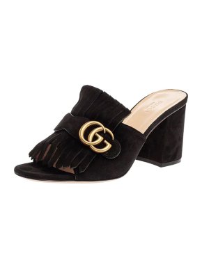 Gucci Black Suede GG Marmont Fringed Mules
