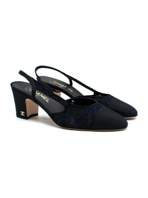 Chanel Black Embroidered Lace Mesh Heeled Sling Backs
