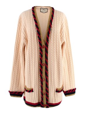 Gucci Creme Ribbed Knit Web Trim Cardigan