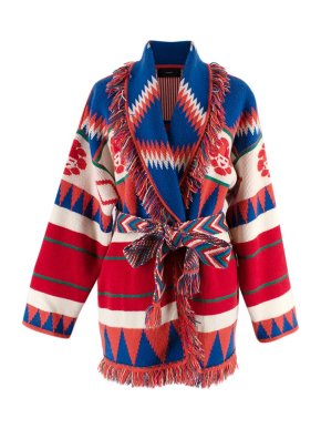 Alanui Jacquard Multicoloured Fringed Belted Cashmere Cardigan